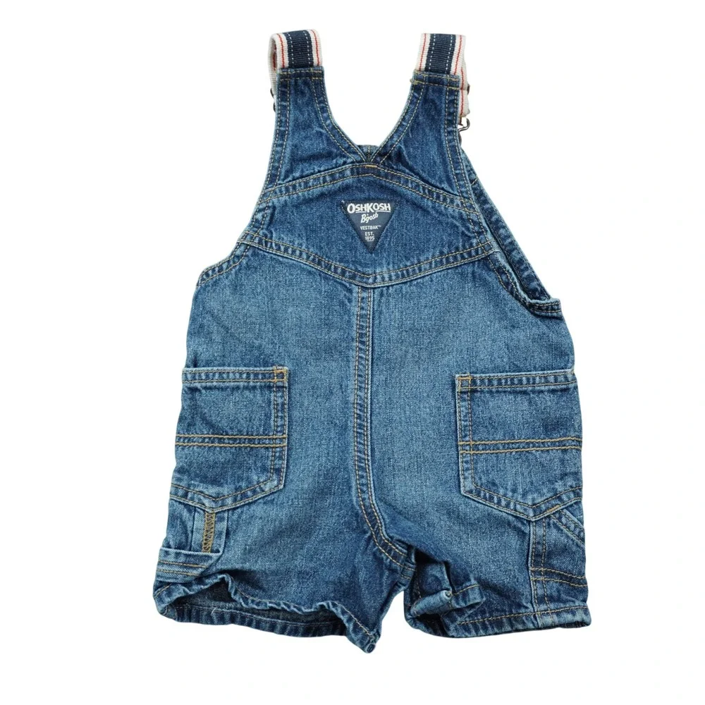 OshKosh Bgosh Baby Boys Blue Denim Shortalls Overalls 9M Striped Straps